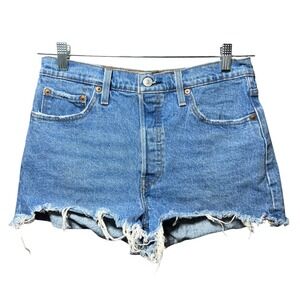 Levis 501 Womens High Waisted Cut Off Denim Shorts Raw Hem Blue Button Fly 30